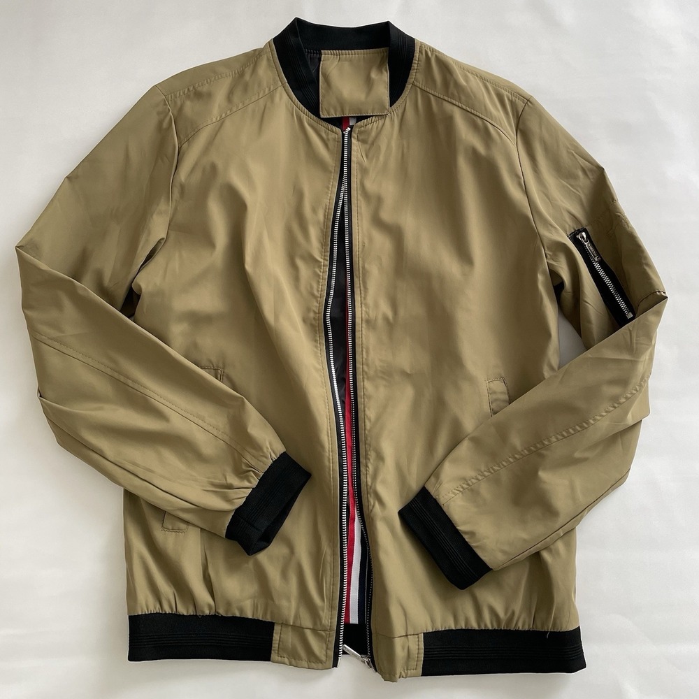 Men's Vogue Beige Black Bomber Jacket Short Full Zip Zipper Striped Accents